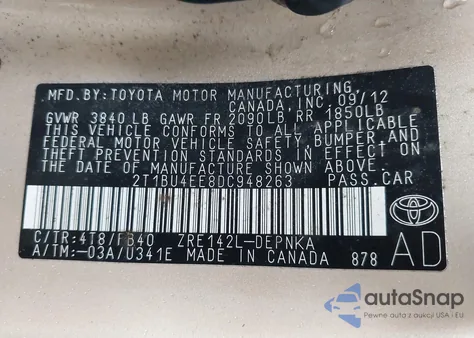 2013 Toyota Corolla Le from USA, damaged, VIN 2T1BU4EE8DC948263